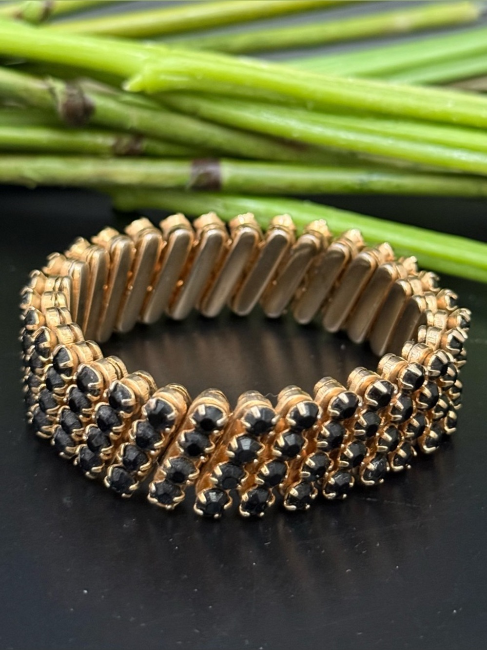 Vintage 50s Jet Black Rhinestones Gold-tone Expandable Cuff Bracelet Made JAPAN